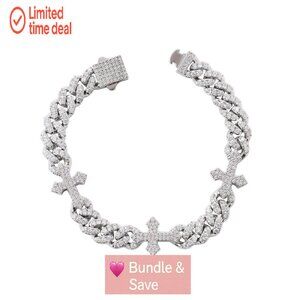9mm Cross Cuban Link Bracelet White Gold Plated Cubic Zirconia Unisex